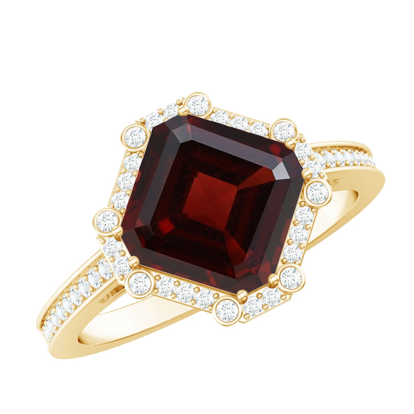 Natural 3.3 Carat Asscher Cut Garnet Engagement Ring with Diamond Halo