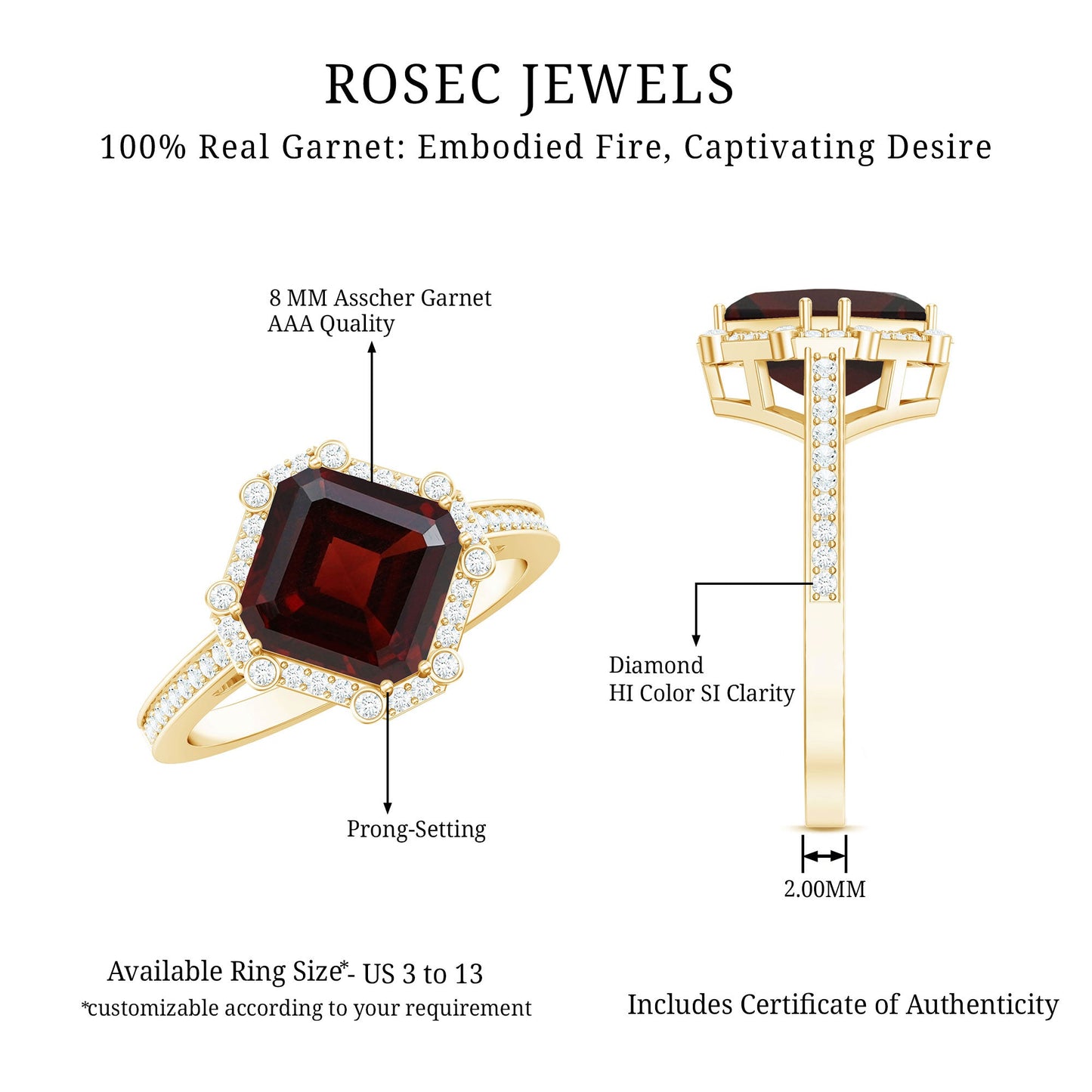Natural 3.3 Carat Asscher Cut Garnet Engagement Ring with Diamond Halo