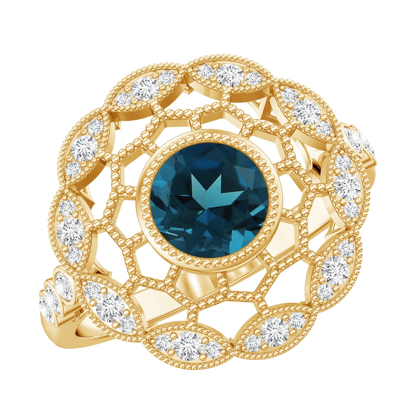 Genuine London Blue Topaz and Diamond Statement Ring with Beaded Details