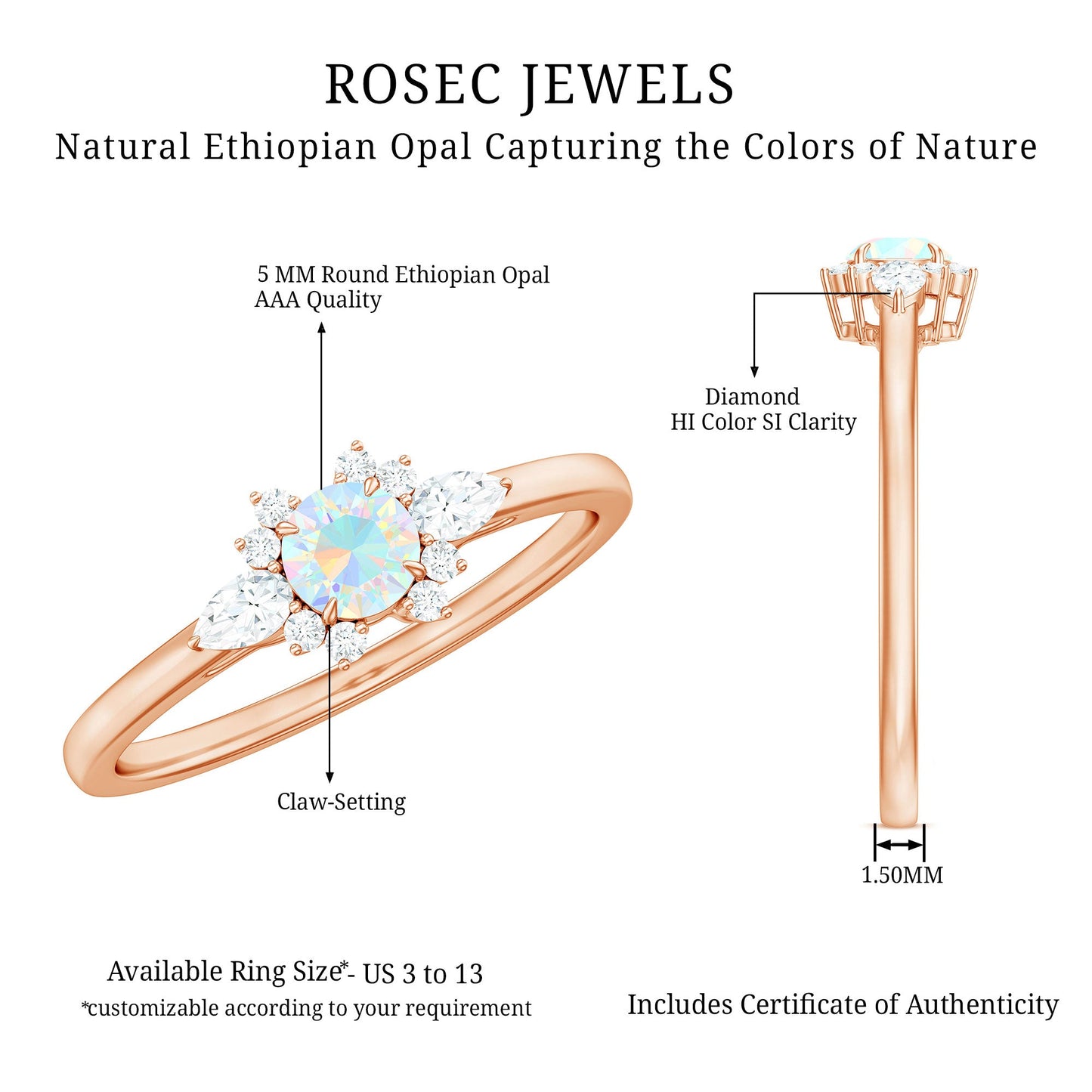 Real Ethiopian Rainbow Opal Diamond Promise Ring with Certificate