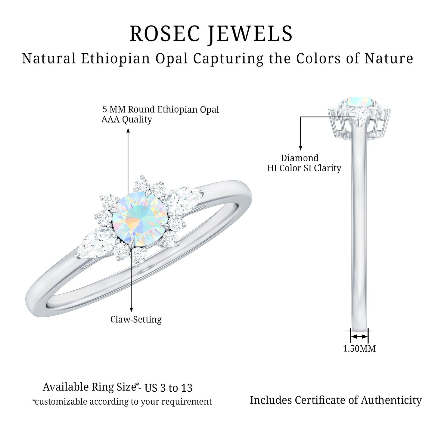 Real Ethiopian Rainbow Opal Diamond Promise Ring with Certificate