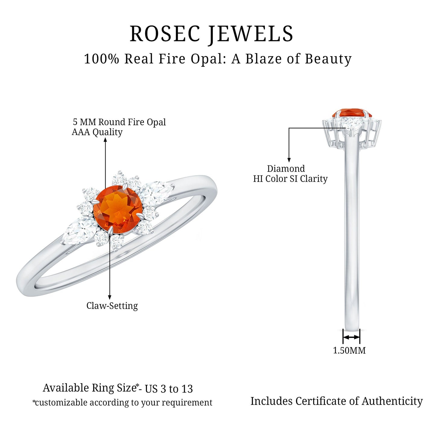 Claw Set Round Fire Opal and Diamond Promise Ring
