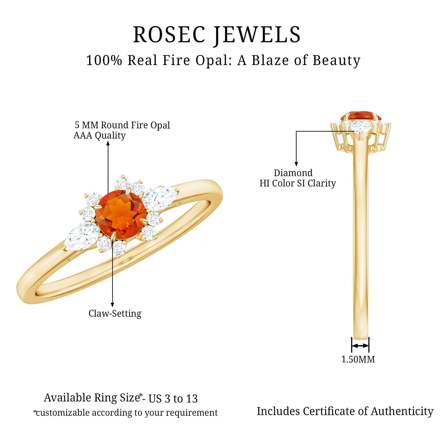 Claw Set Round Fire Opal and Diamond Promise Ring