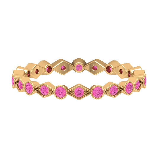 Created Pink Sapphire Stackable Eternity Ring with Beaded Shank