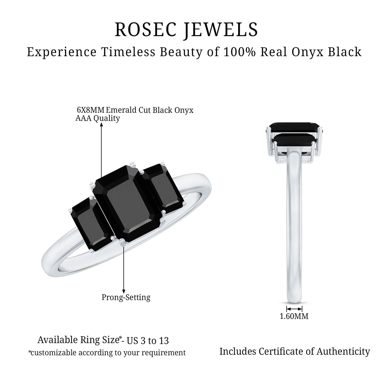 Emerald Cut Black Onyx Three Stone Engagement Ring
