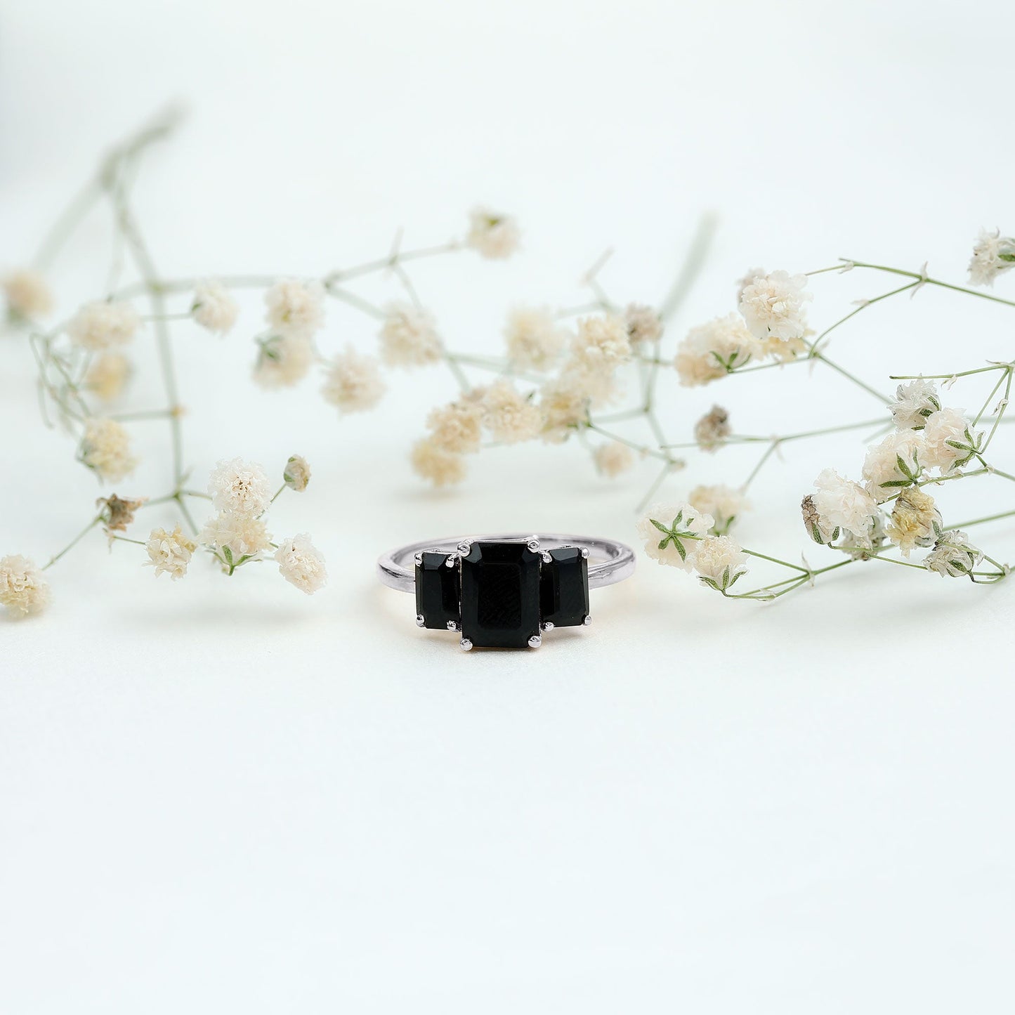 Emerald Cut Black Onyx Three Stone Engagement Ring