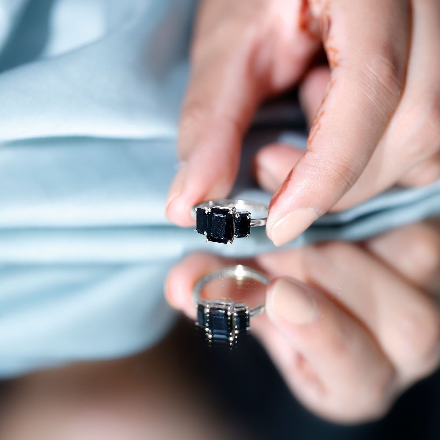 Emerald Cut Black Onyx Three Stone Engagement Ring