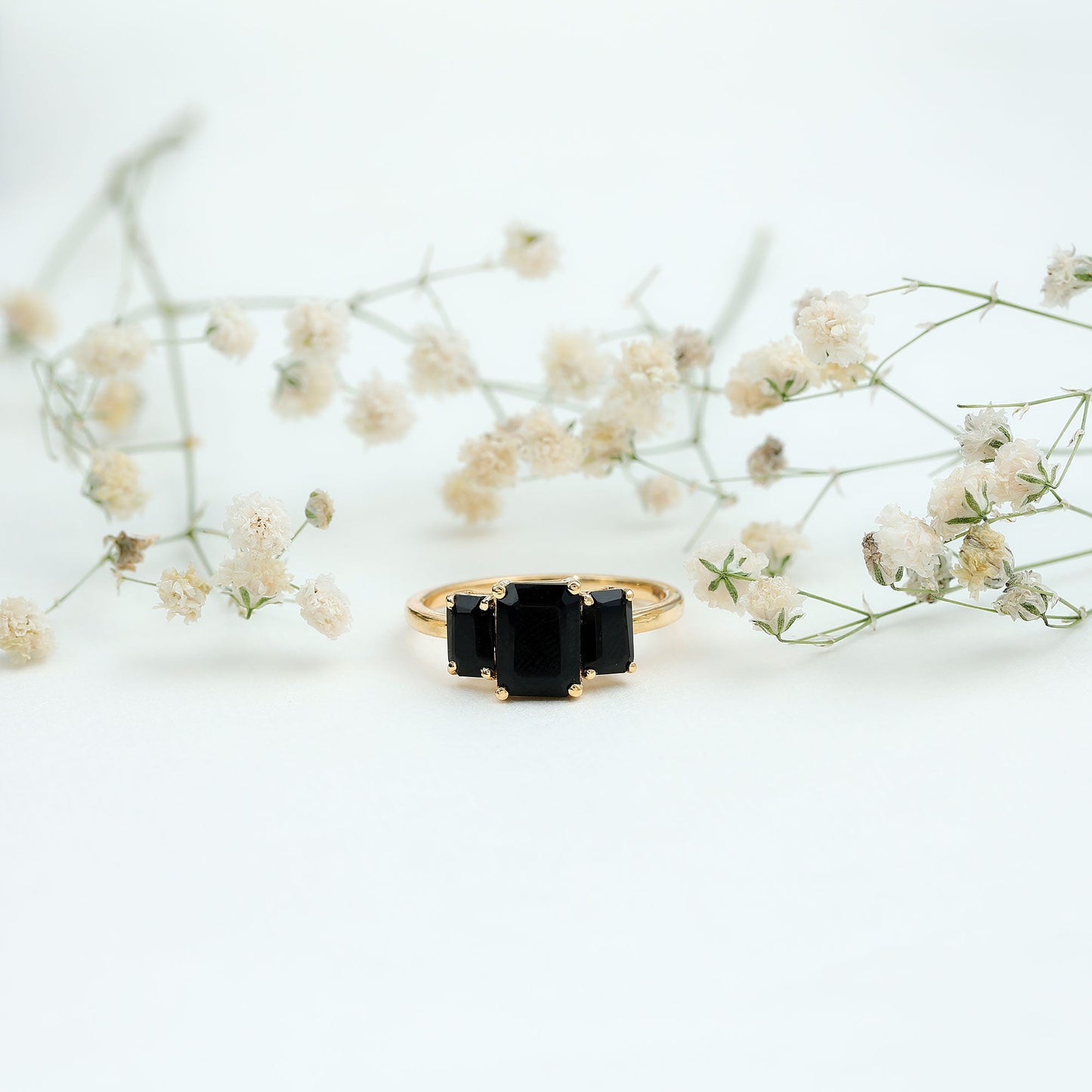 Emerald Cut Black Onyx Three Stone Engagement Ring