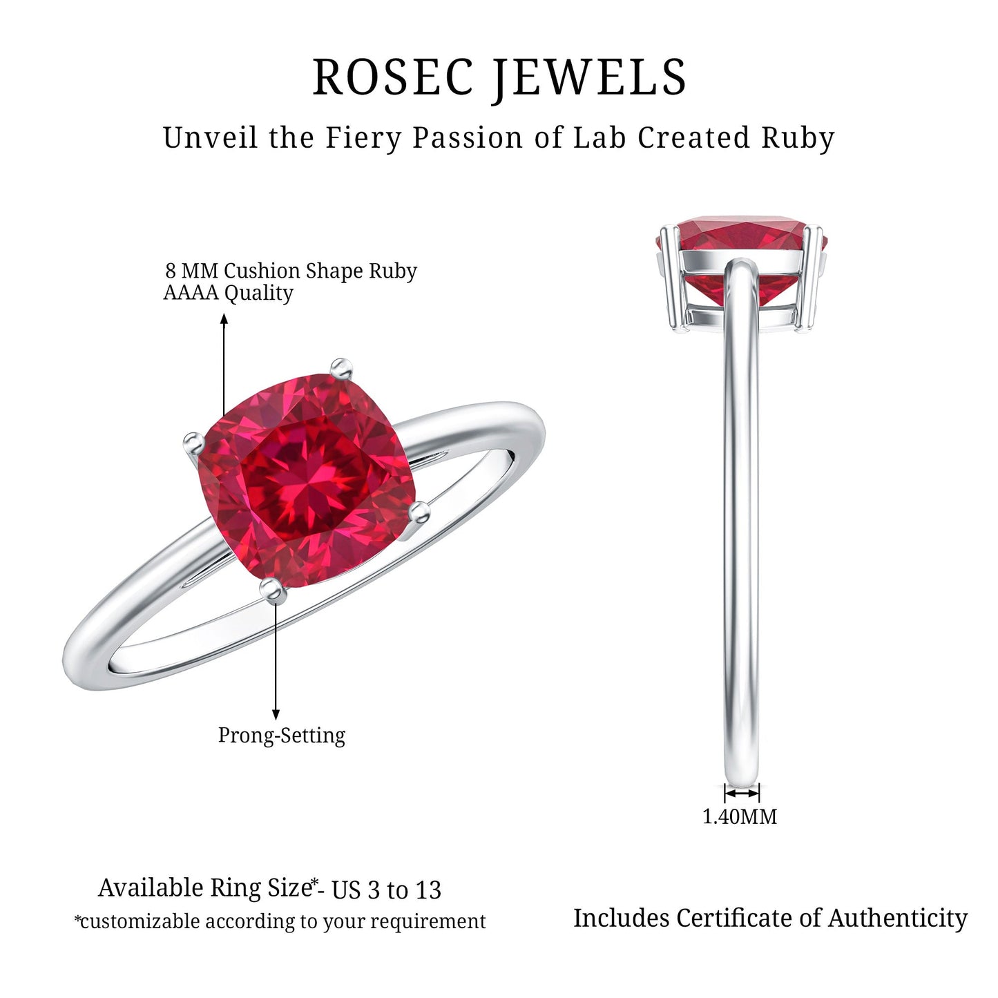 Solitaire 2 Carat Cushion Cut Lab Grown Ruby Engagement Ring