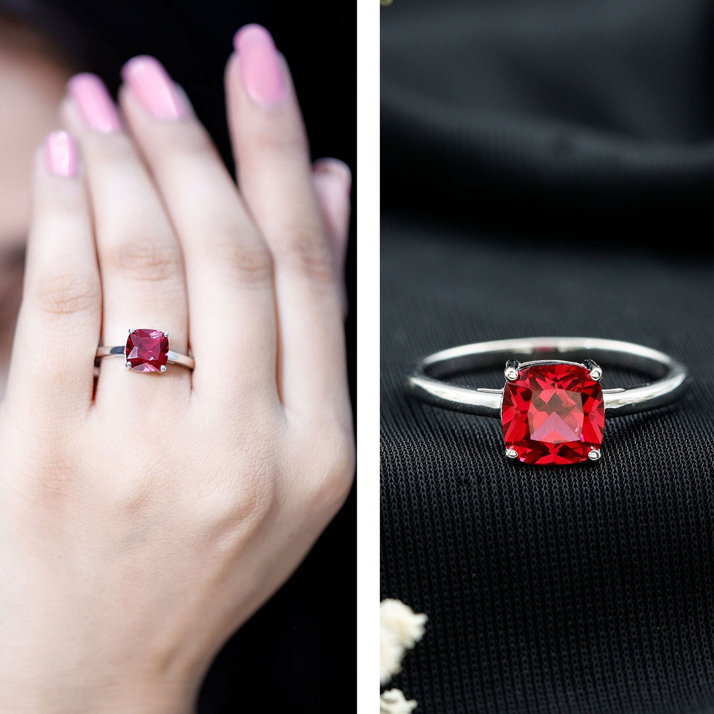 Solitaire 2 Carat Cushion Cut Lab Grown Ruby Engagement Ring