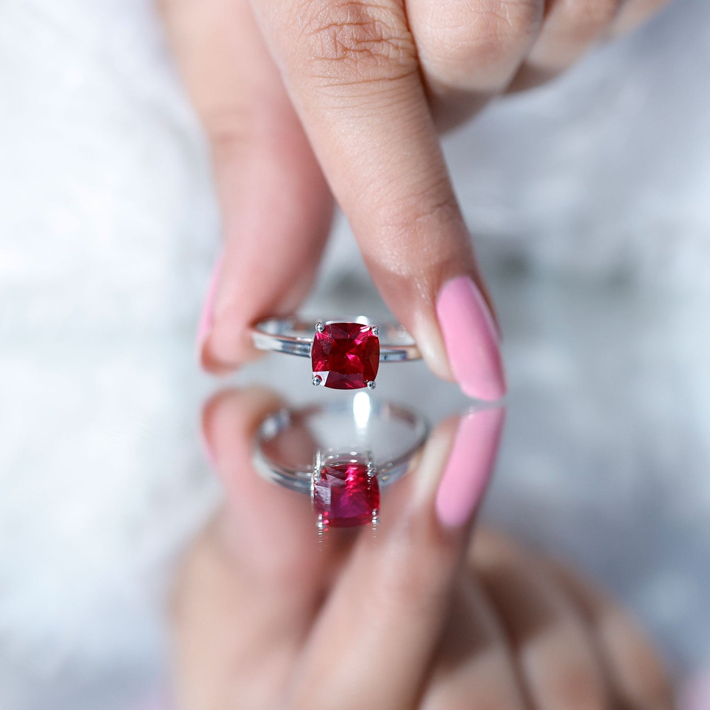 Solitaire 2 Carat Cushion Cut Lab Grown Ruby Engagement Ring