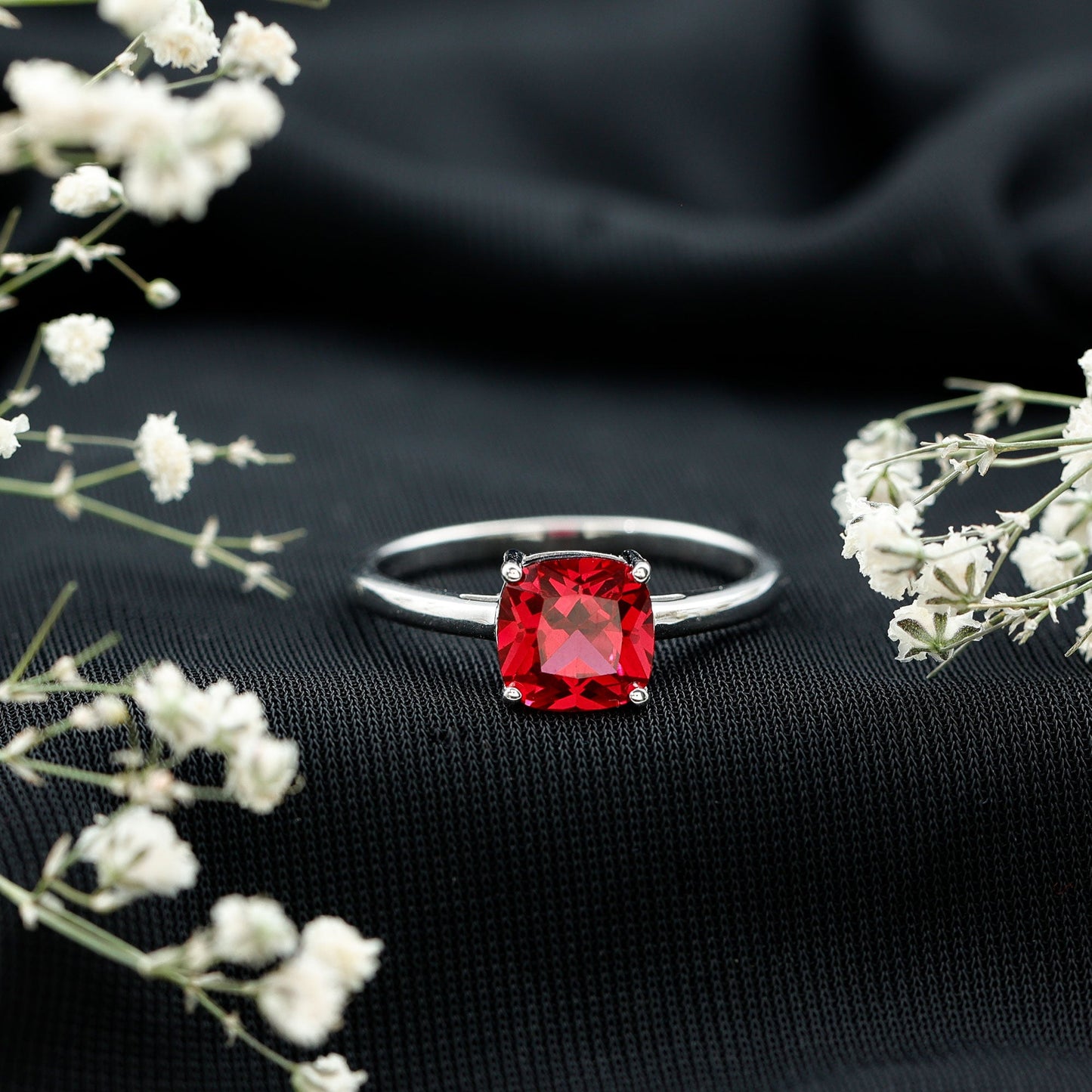 Solitaire 2 Carat Cushion Cut Lab Grown Ruby Engagement Ring