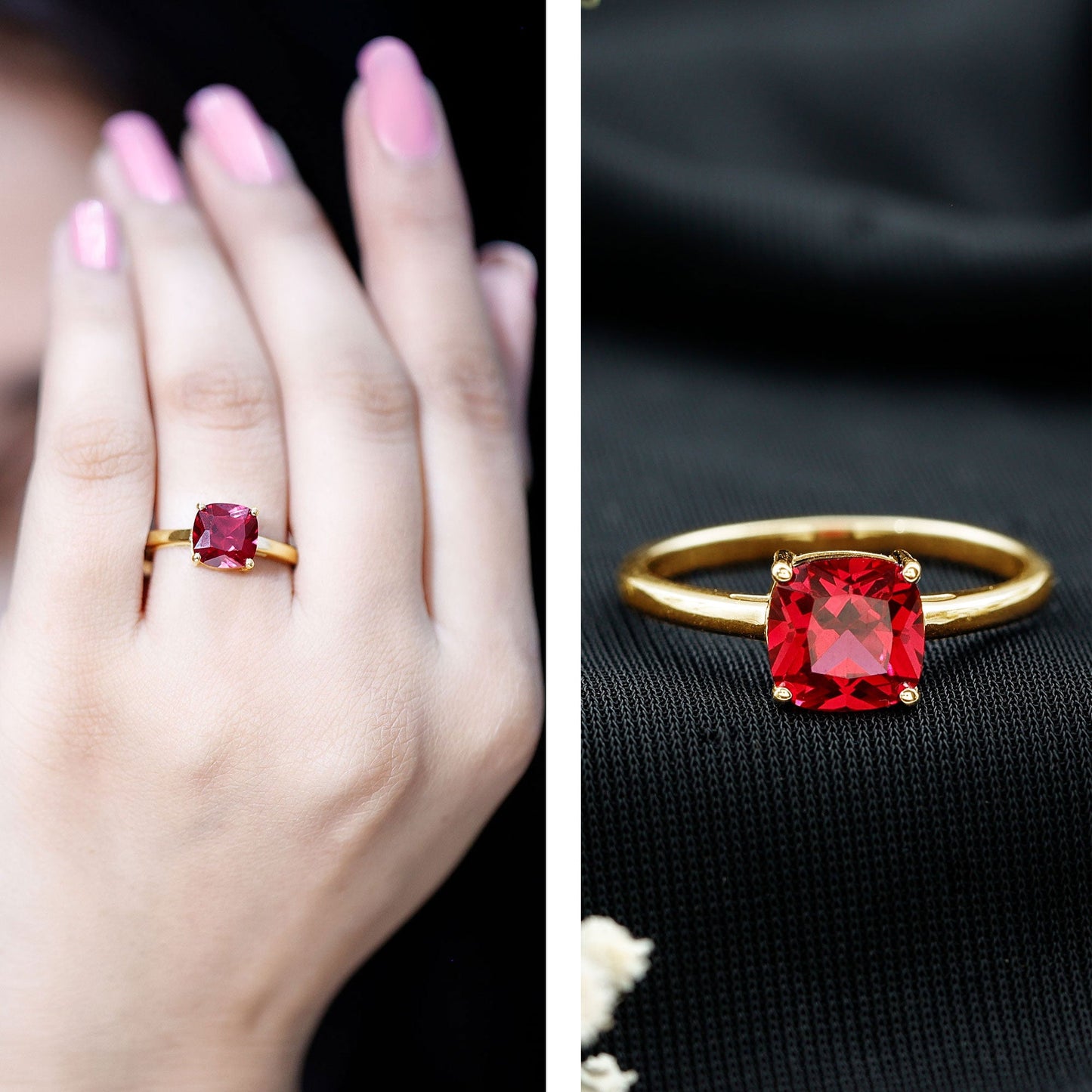 Solitaire 2 Carat Cushion Cut Lab Grown Ruby Engagement Ring