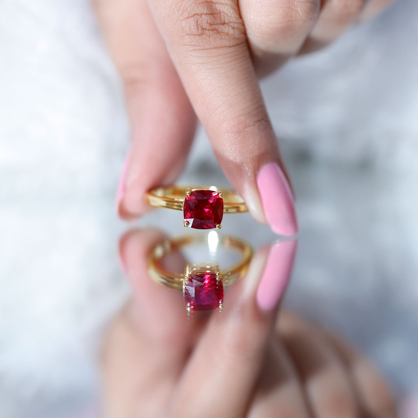 Solitaire 2 Carat Cushion Cut Lab Grown Ruby Engagement Ring