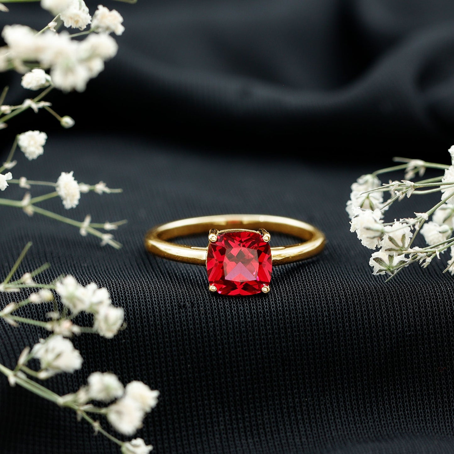 Solitaire 2 Carat Cushion Cut Lab Grown Ruby Engagement Ring