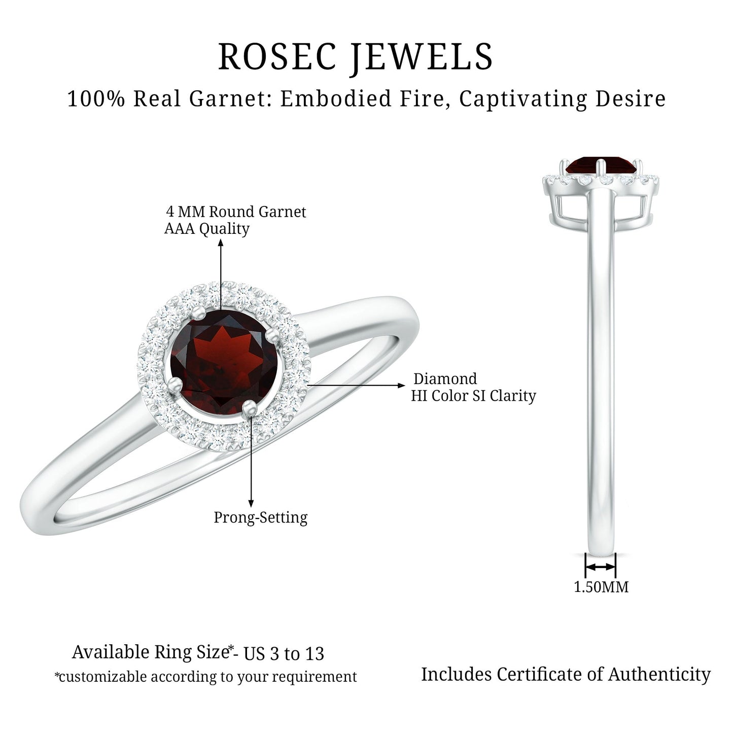 Natural Garnet Promise Ring with Diamond Halo