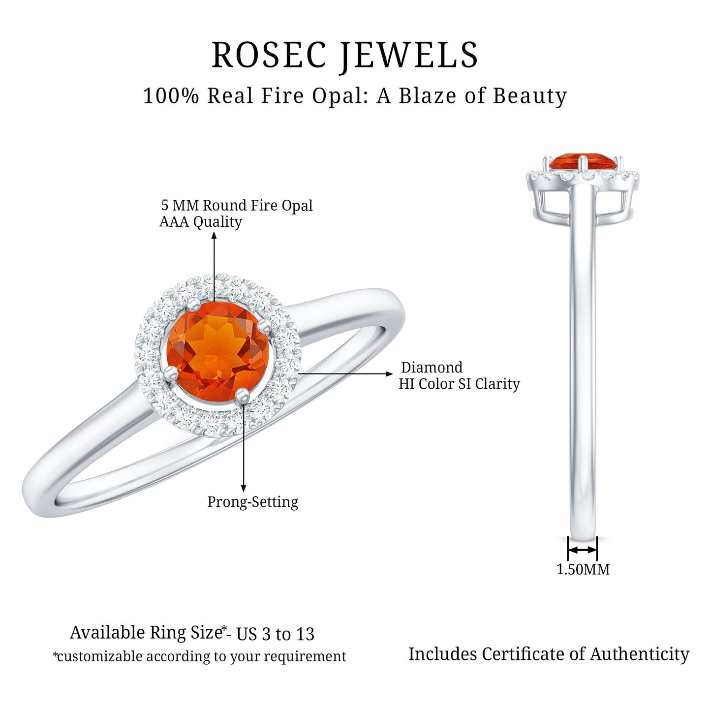 Natural Fire Opal Promise Ring with Diamond Halo