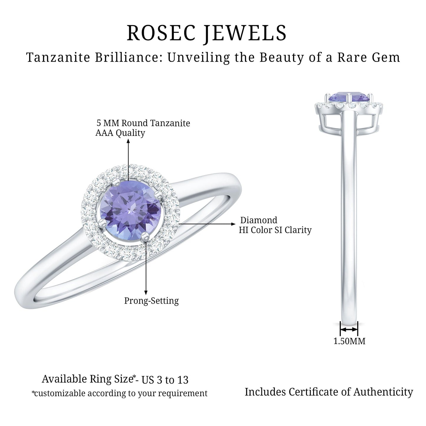 Genuine Tanzanite Promise Ring with Diamond Halo