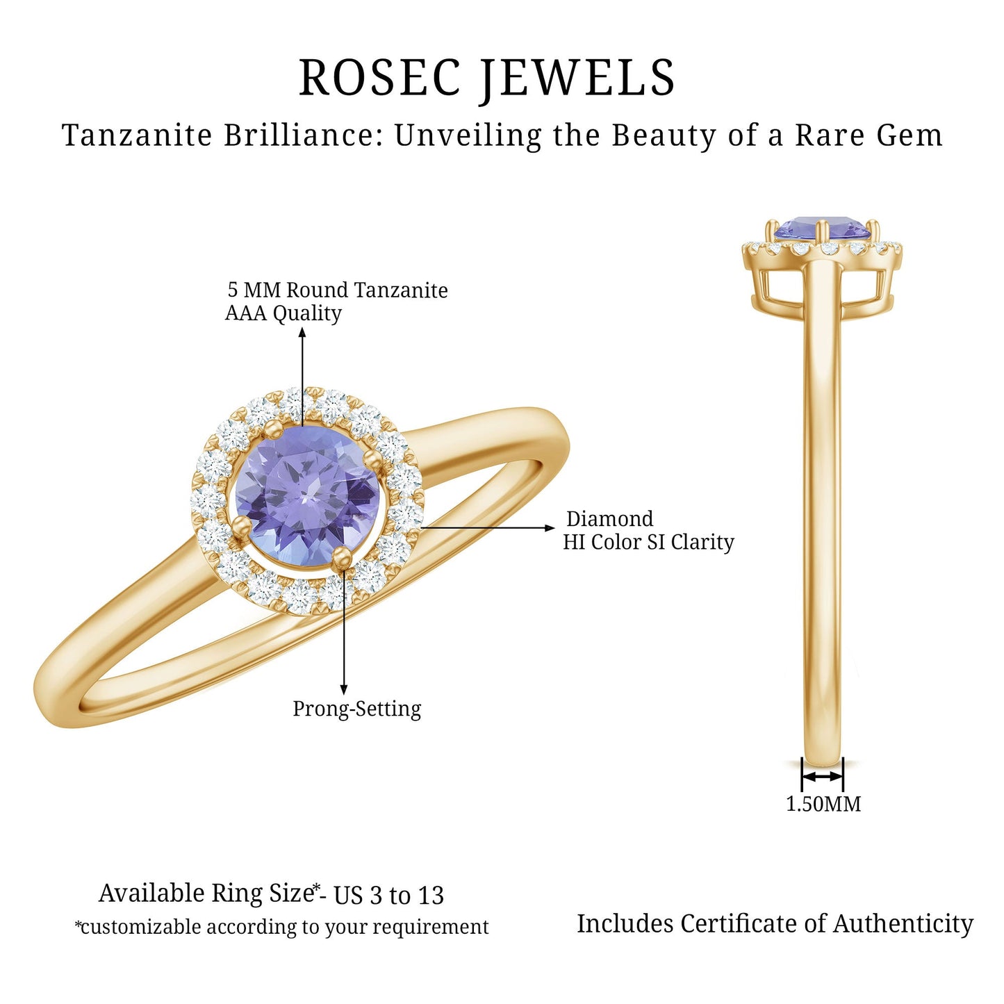 Genuine Tanzanite Promise Ring with Diamond Halo