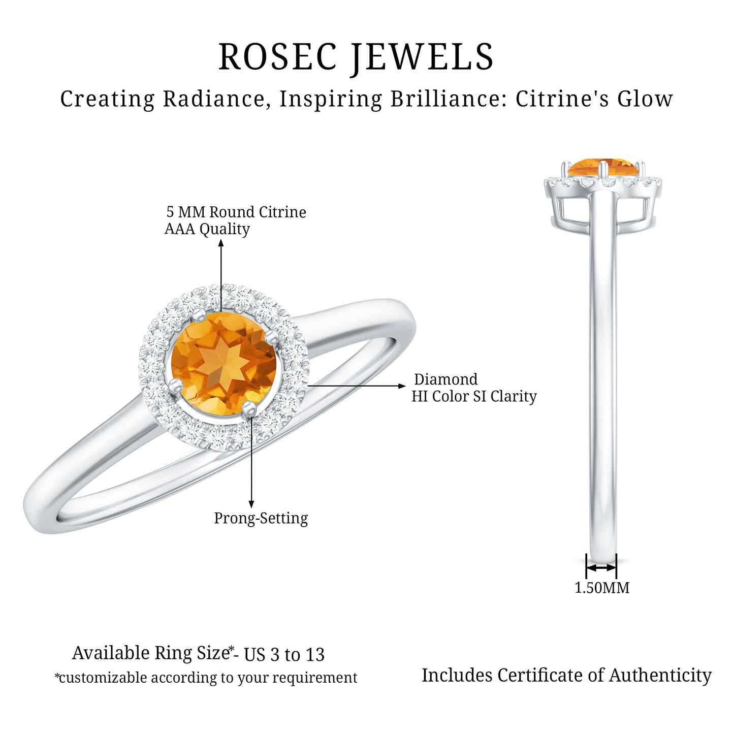 Certified Natural Citrine Promise Ring with Diamond Halo
