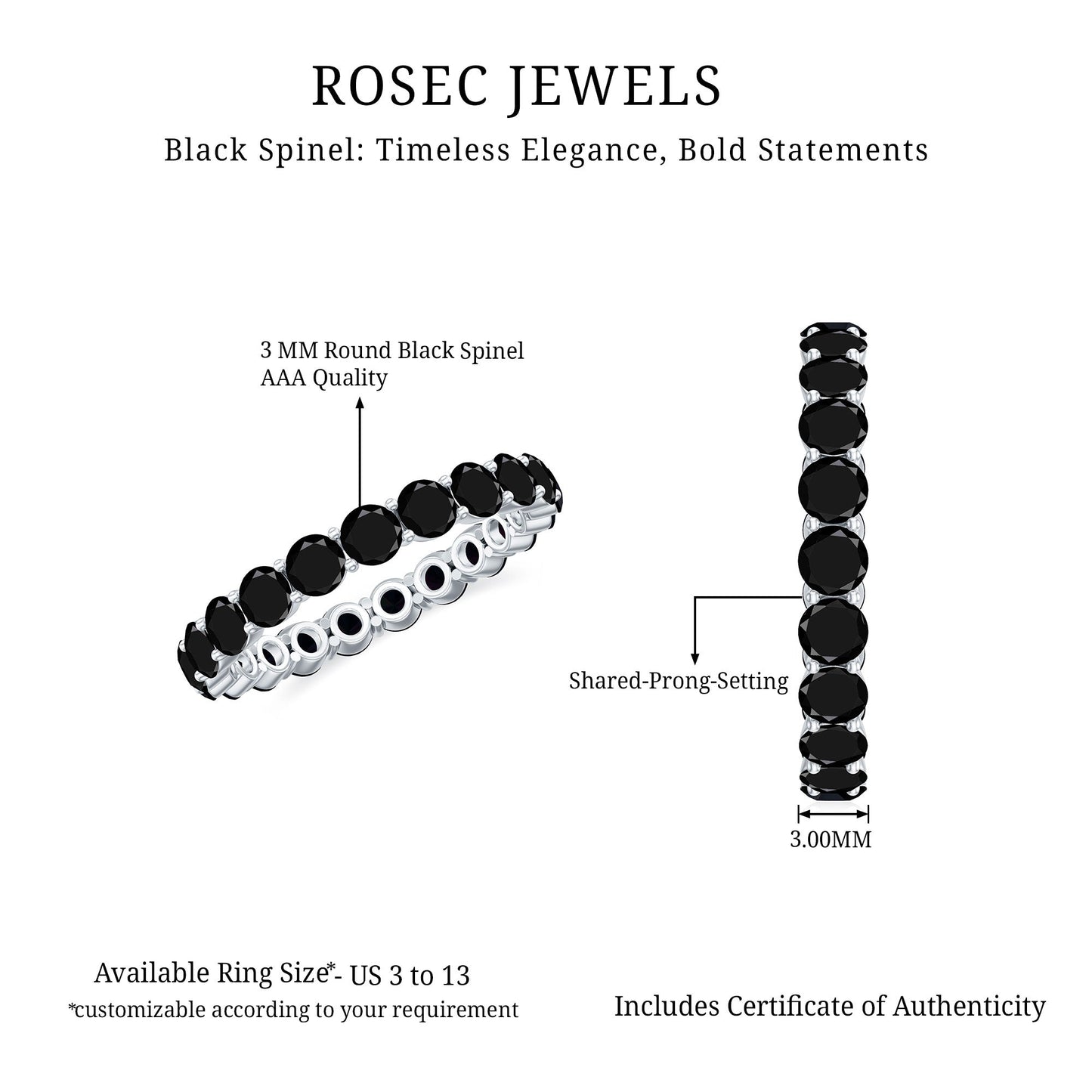 Certified Round Black Spinel Eternity Wedding Band