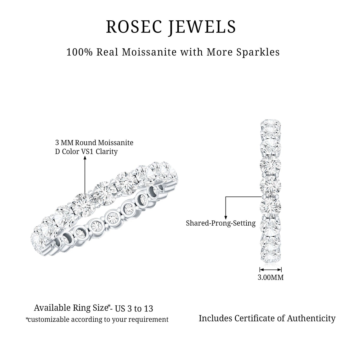 Round Cut Moissanite Simple Eternity Band Ring in Prong Setting