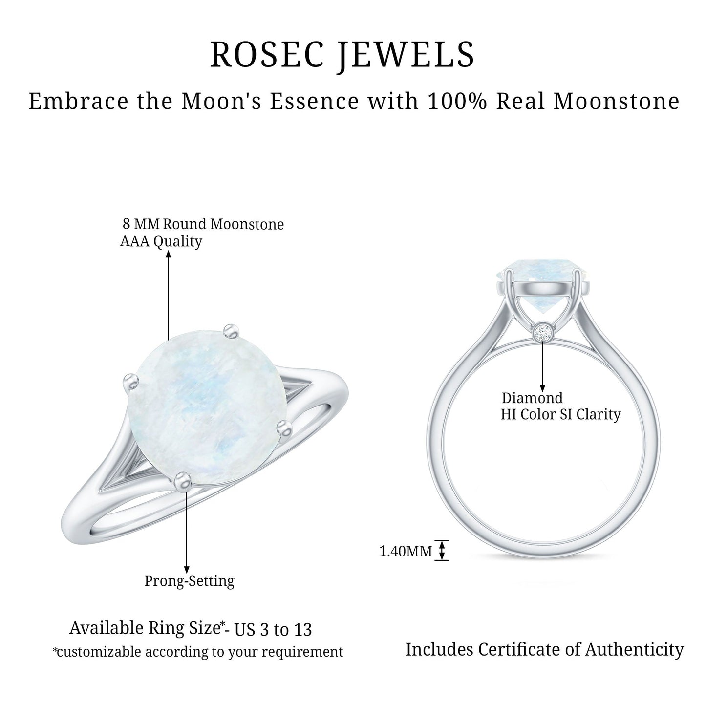 0.8 Carat Natural Moonstone Solitaire Ring with Surprise Diamond