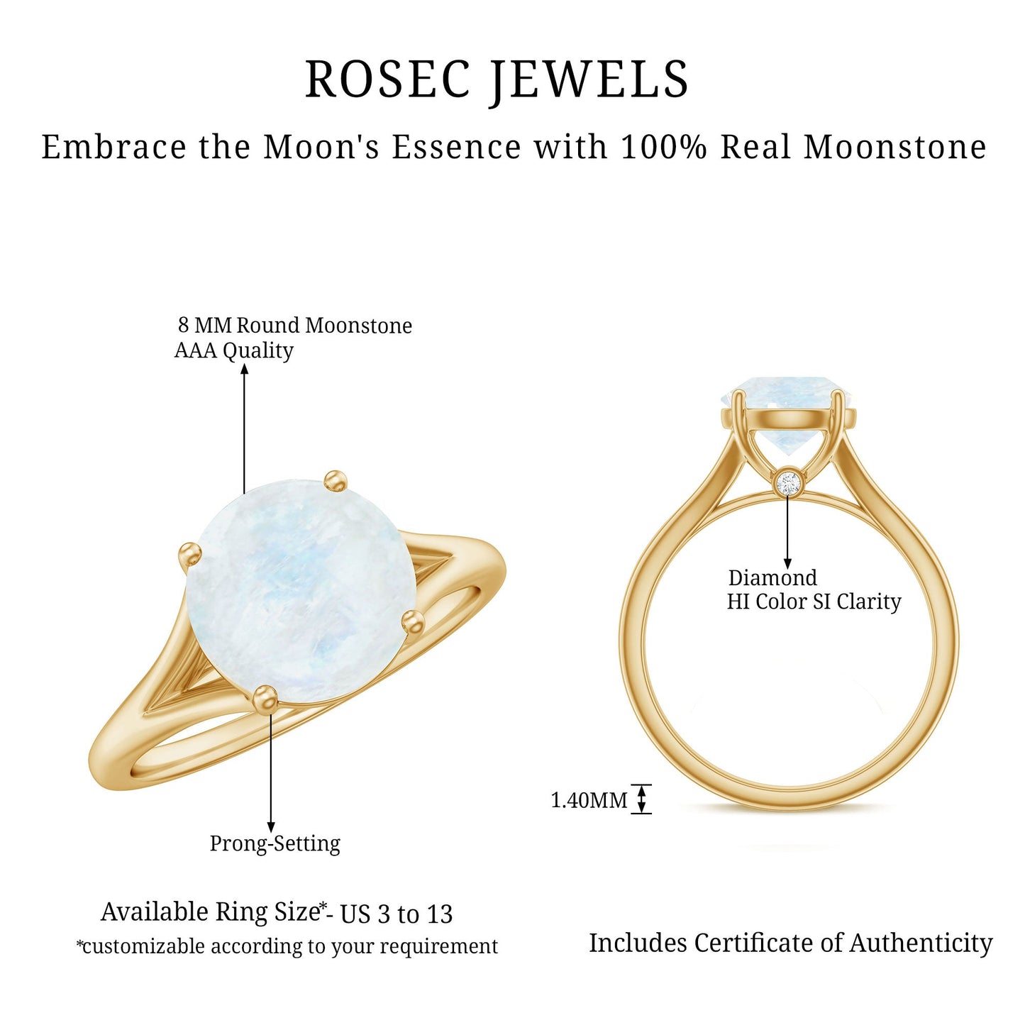 0.8 Carat Natural Moonstone Solitaire Ring with Surprise Diamond