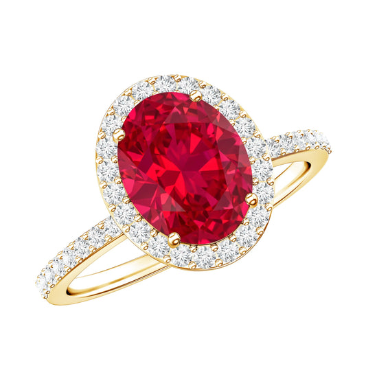 Classic Lab Grown Ruby Oval Engagement Ring with Diamond Halo