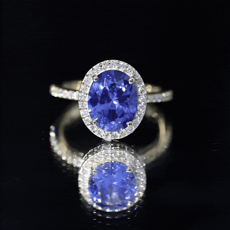 4 Carat Lab Grown Blue Sapphire Oval Engagement Ring with Diamond Halo