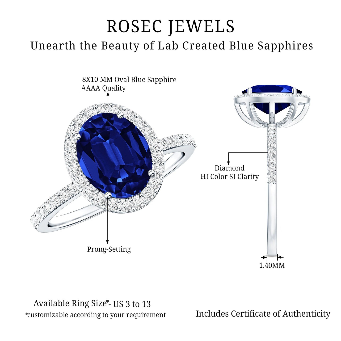 4 Carat Lab Grown Blue Sapphire Oval Engagement Ring with Diamond Halo