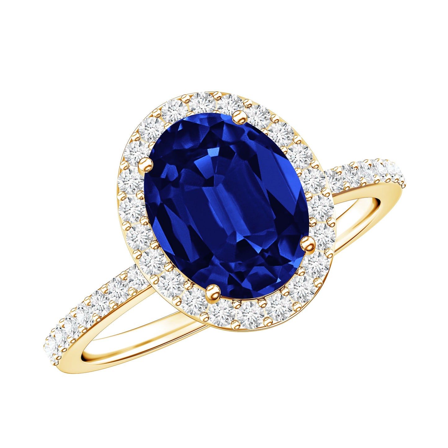 4 Carat Lab Grown Blue Sapphire Oval Engagement Ring with Diamond Halo