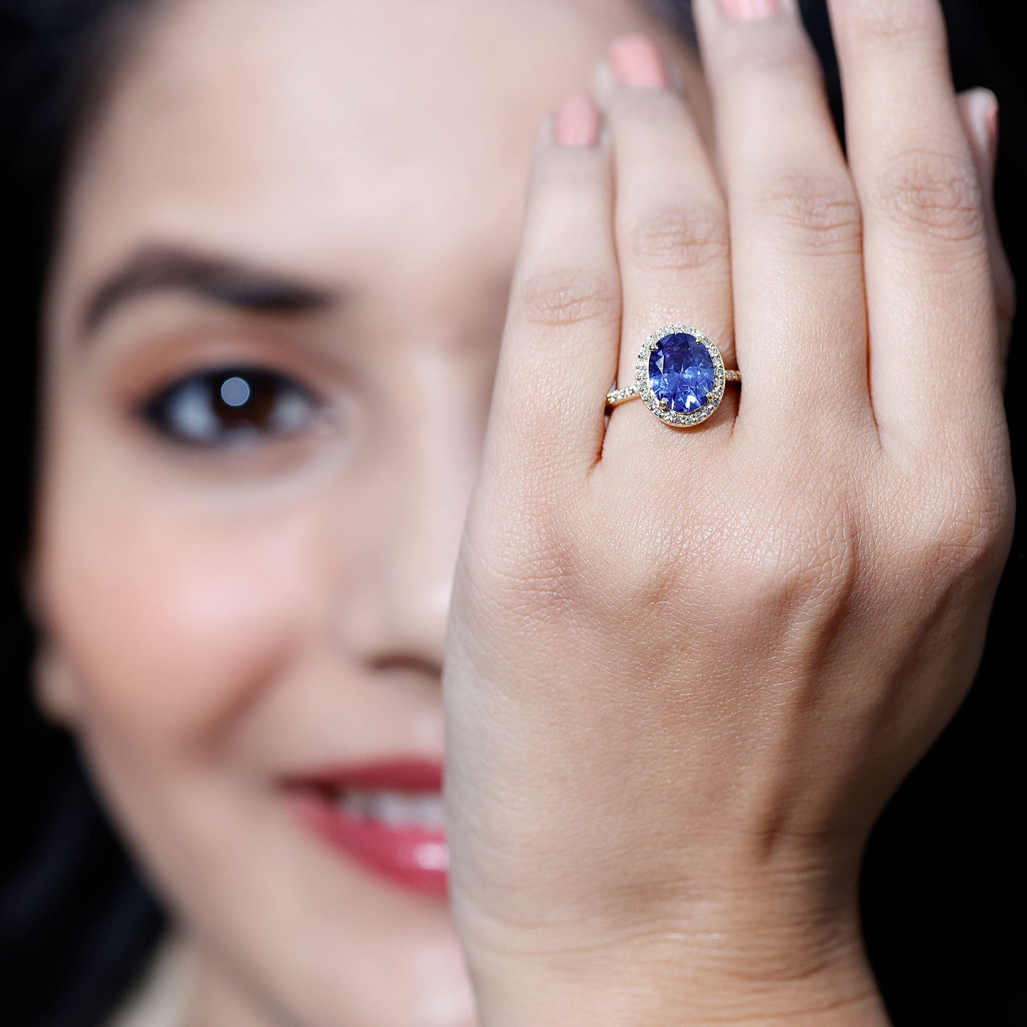 4 Carat Lab Grown Blue Sapphire Oval Engagement Ring with Diamond Halo