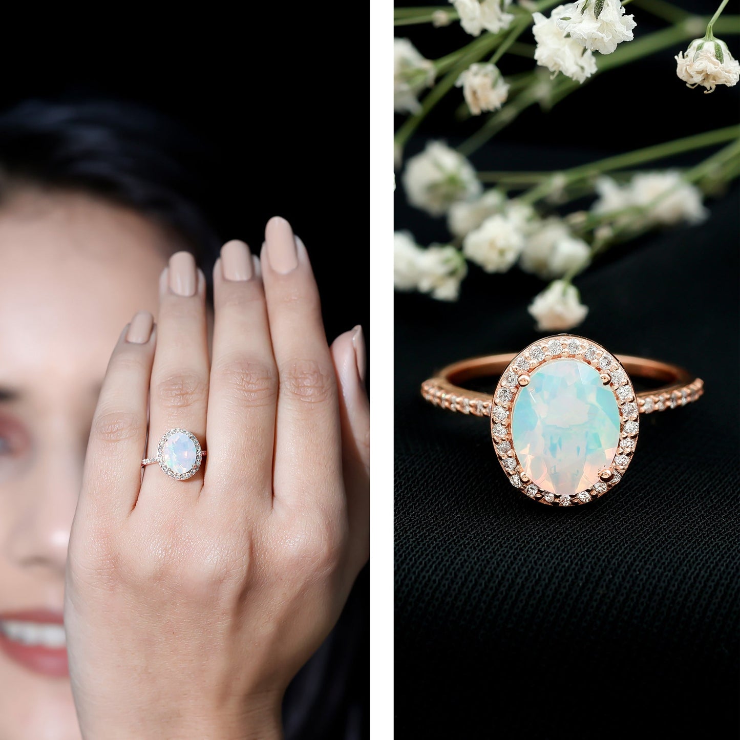 Certified Real 1.3 Carat Ethiopian Opal Engagement Ring with Diamond Halo