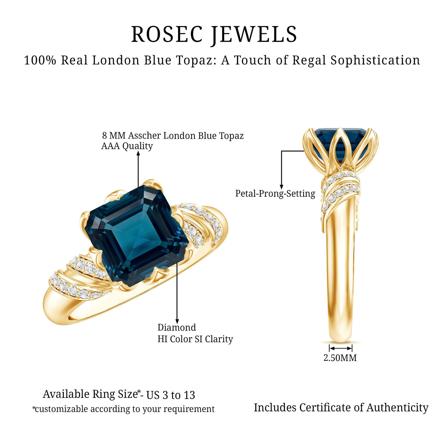 3 Carat Asscher Cut London Blue Topaz Designer Solitaire Engagement Ring