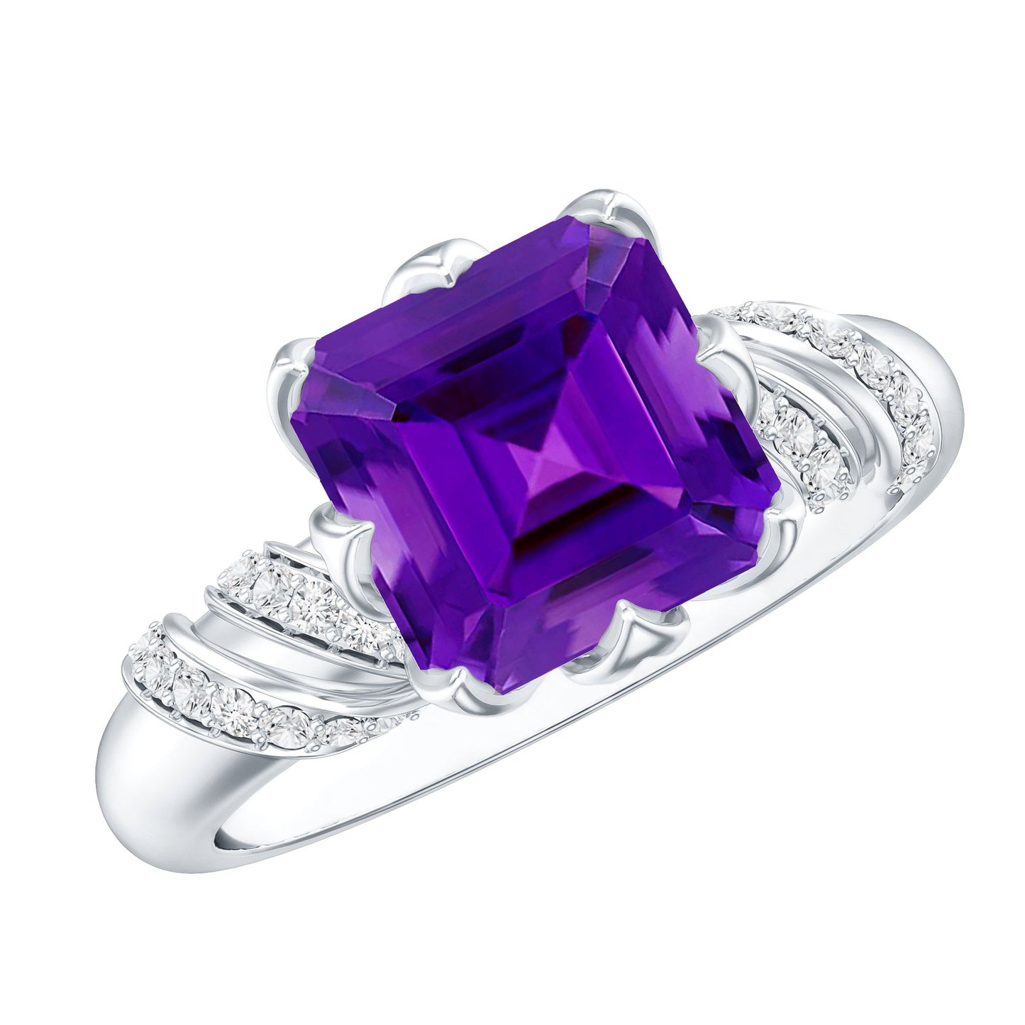 Vintage Looking 3 Carat Amethyst Asscher Cut Engagement Ring with Diamond
