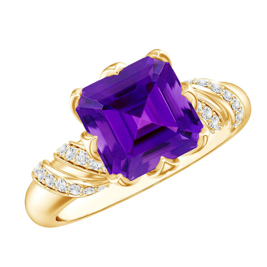 Vintage Looking 3 Carat Amethyst Asscher Cut Engagement Ring with Diamond