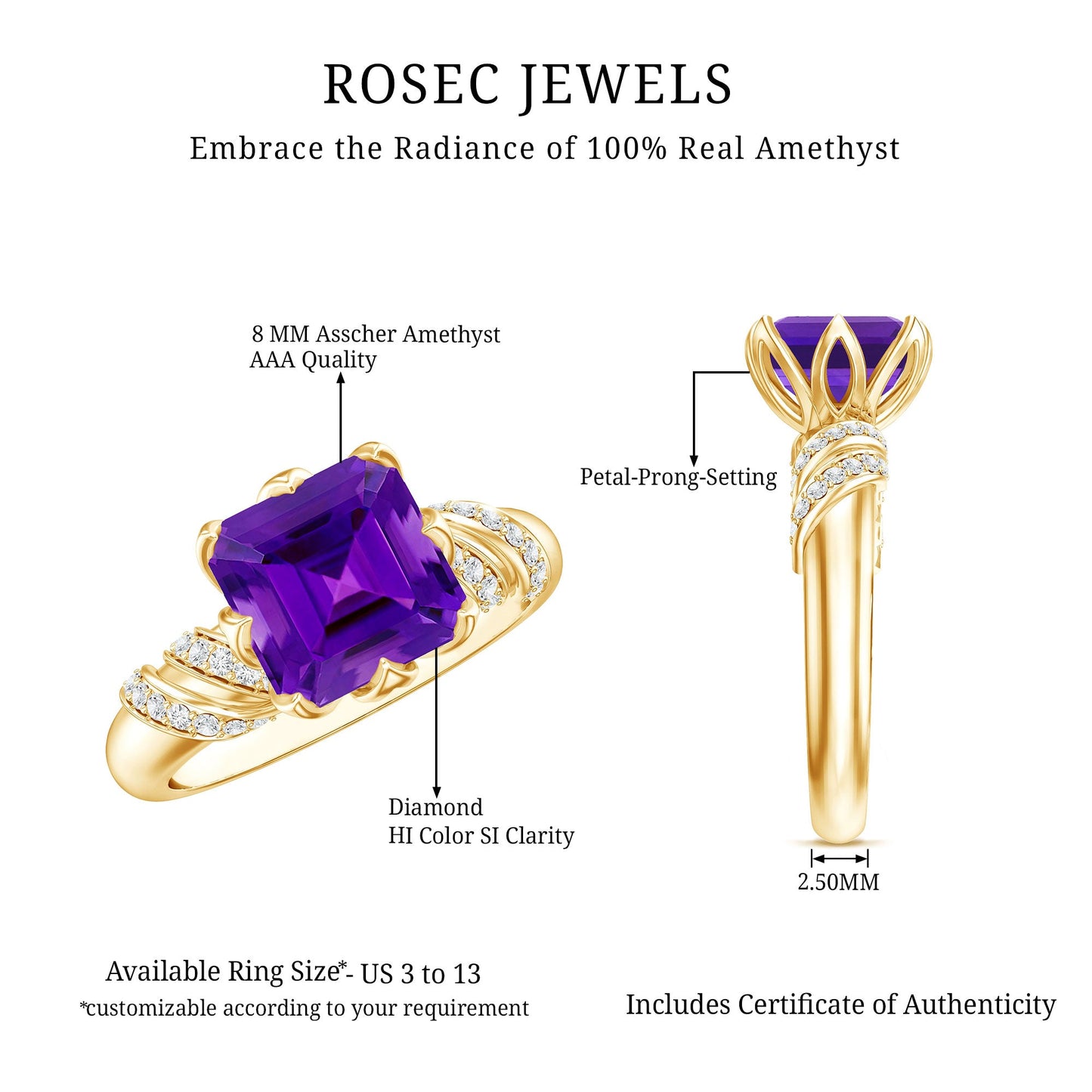 Vintage Looking 3 Carat Amethyst Asscher Cut Engagement Ring with Diamond