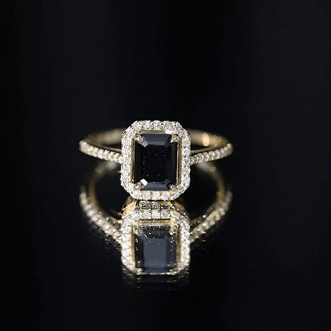 1.6 Carat Lab Grown Black and White Diamond Emerald Cut Engagement Ring with Halo