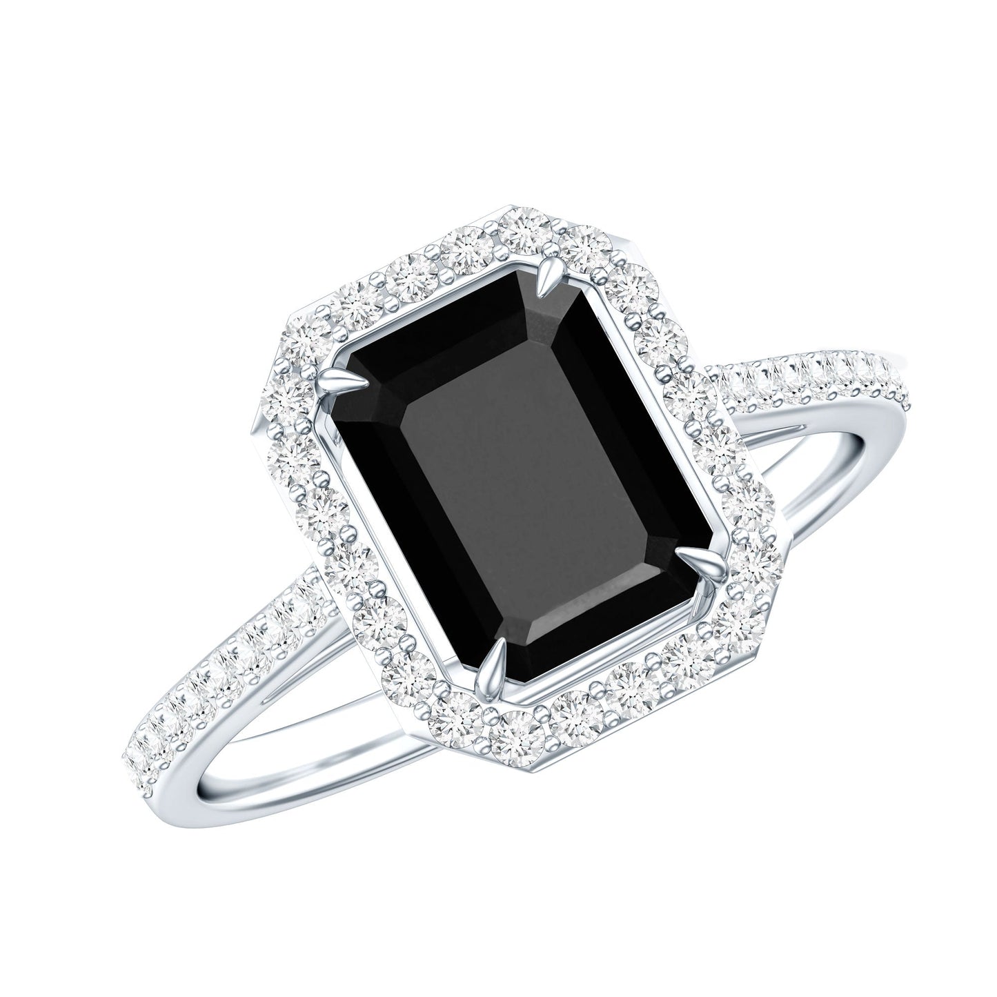 1.6 Carat Lab Grown Black and White Diamond Emerald Cut Engagement Ring with Halo