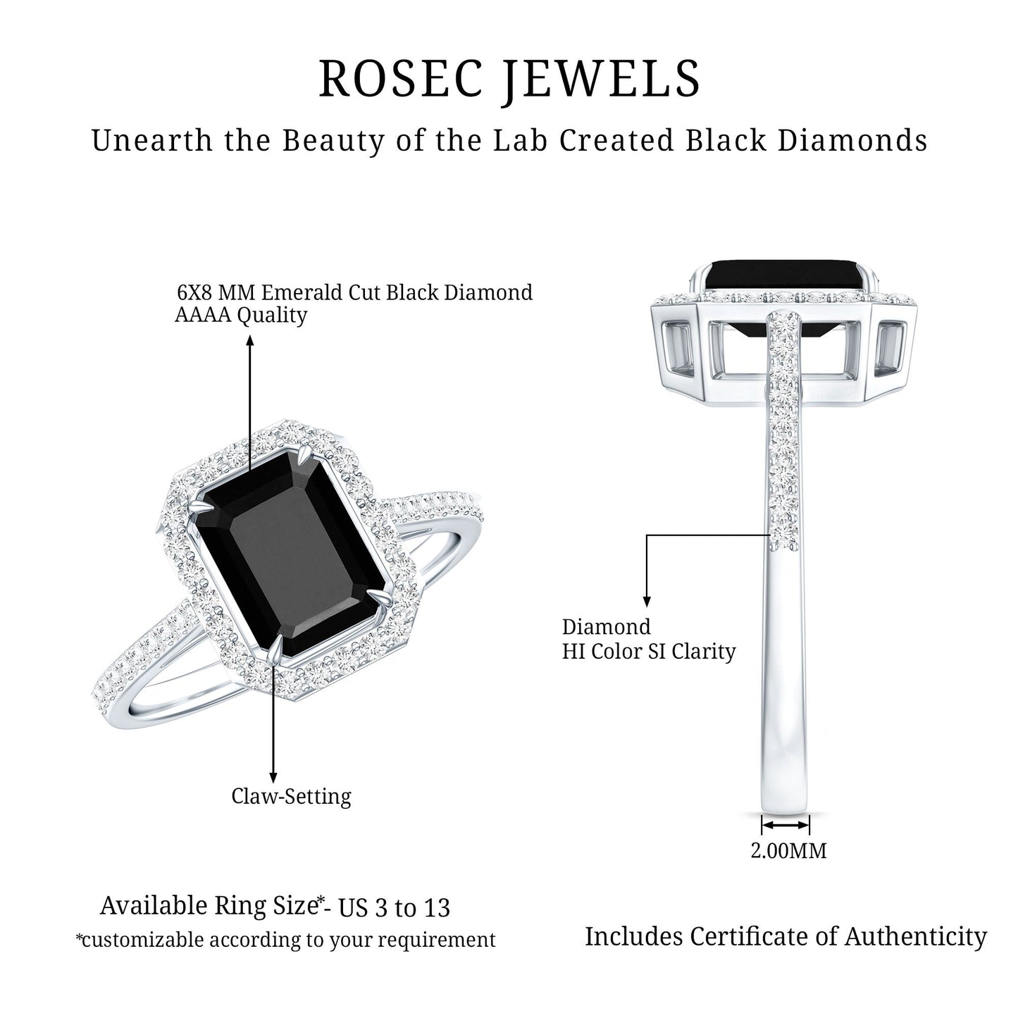 1.6 Carat Lab Grown Black and White Diamond Emerald Cut Engagement Ring with Halo