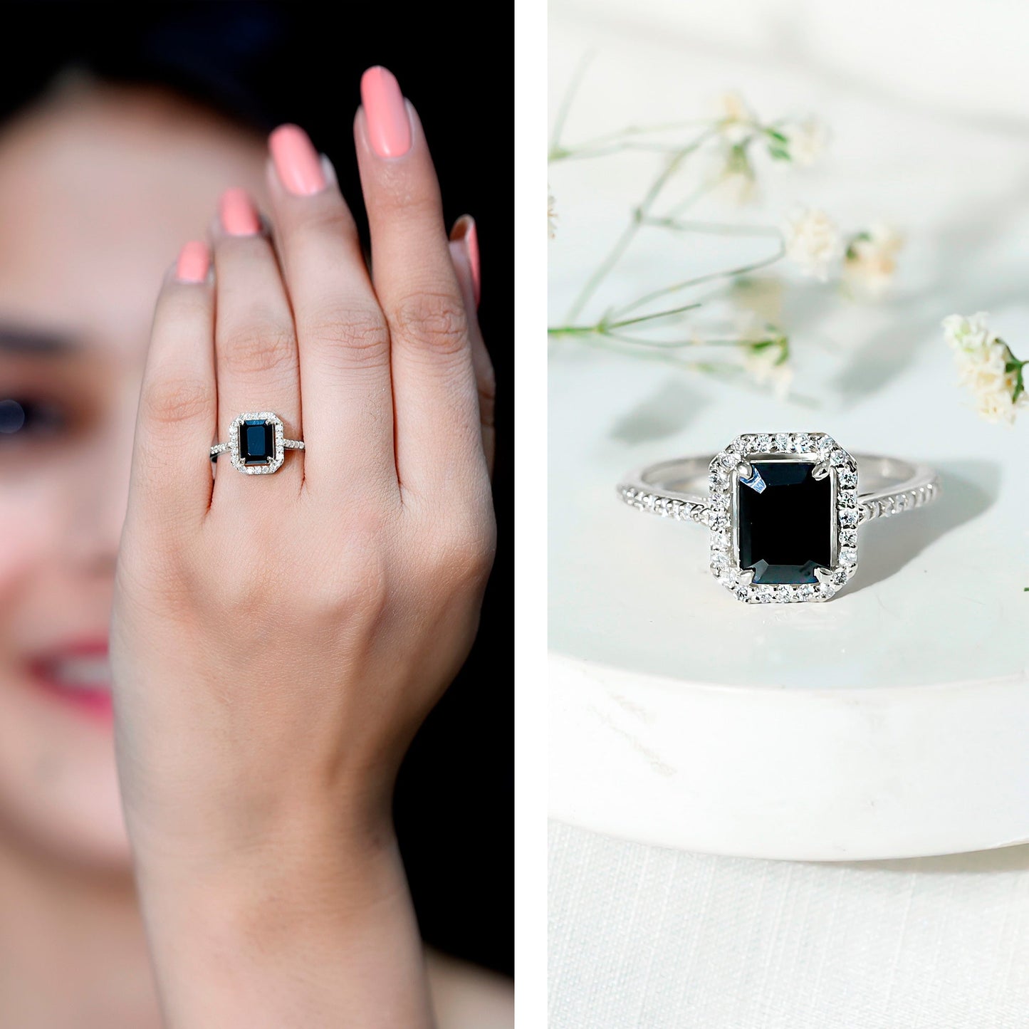 1.6 Carat Lab Grown Black and White Diamond Emerald Cut Engagement Ring with Halo