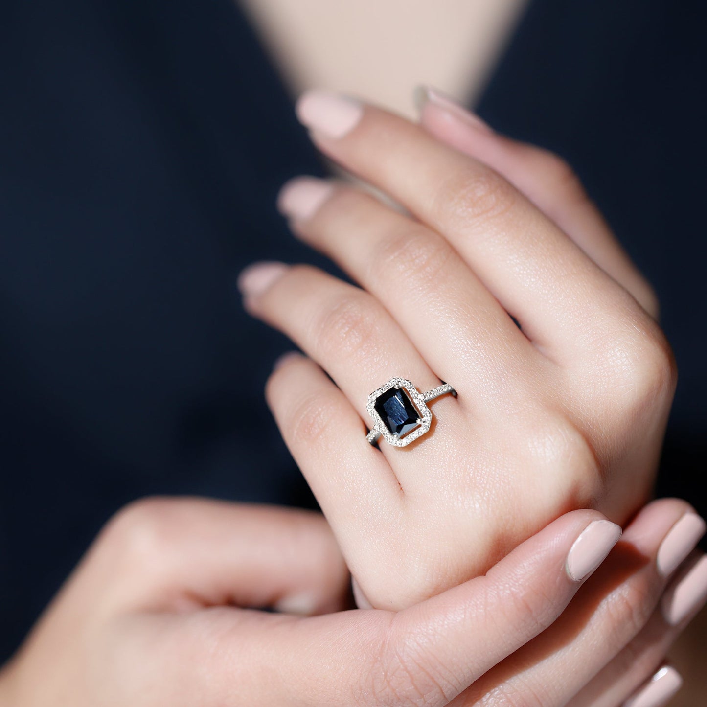 1.6 Carat Lab Grown Black and White Diamond Emerald Cut Engagement Ring with Halo
