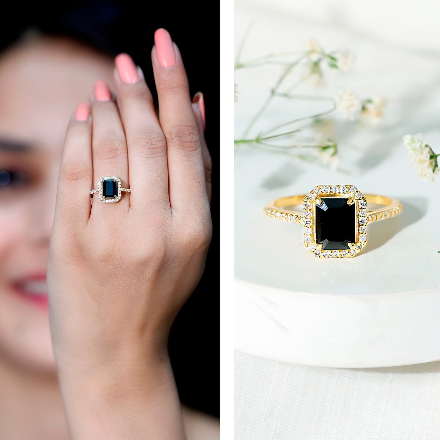 1.6 Carat Lab Grown Black and White Diamond Emerald Cut Engagement Ring with Halo