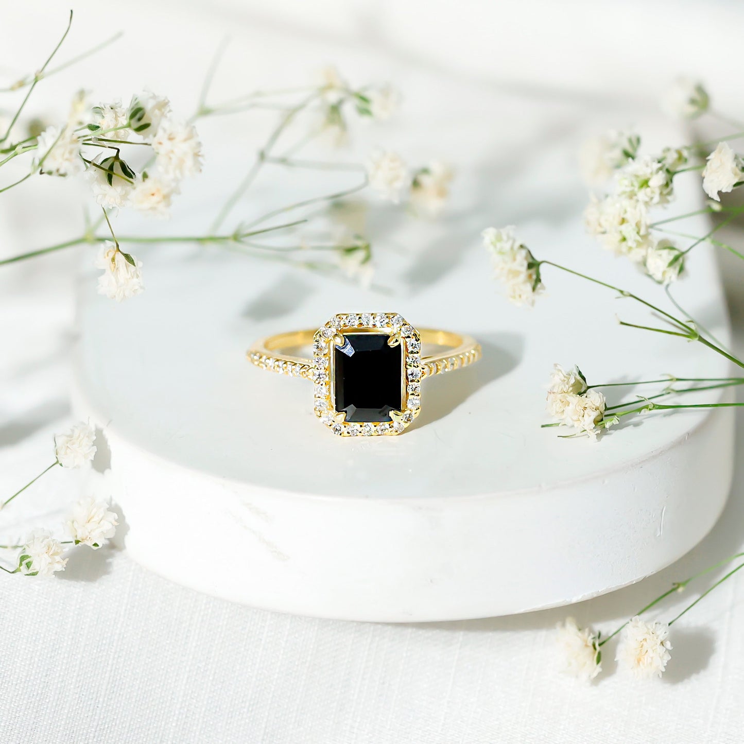 1.6 Carat Lab Grown Black and White Diamond Emerald Cut Engagement Ring with Halo