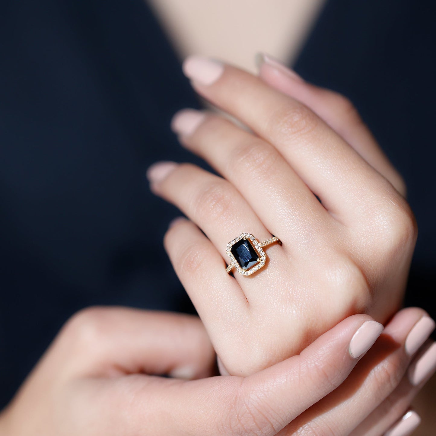 1.6 Carat Lab Grown Black and White Diamond Emerald Cut Engagement Ring with Halo