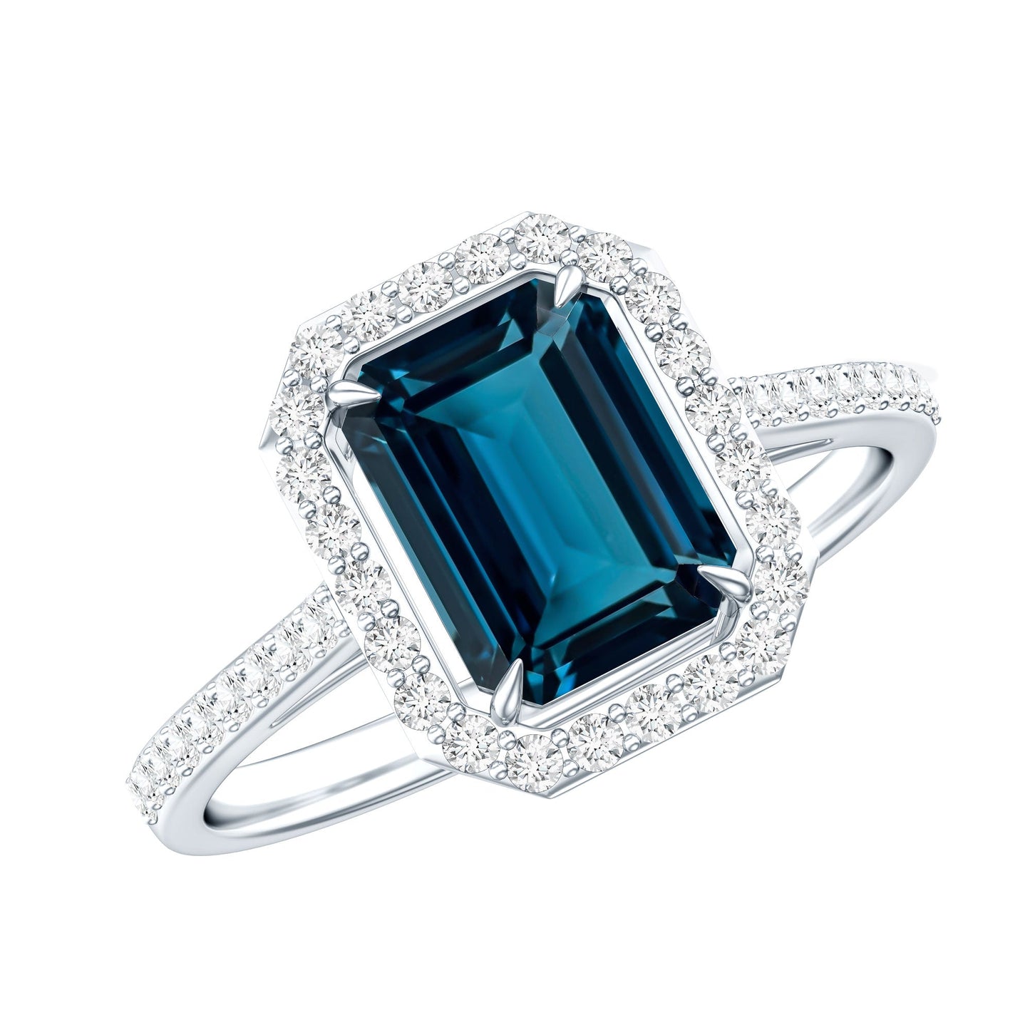 Emerald Cut London Blue Topaz Engagement Ring with Diamond Halo