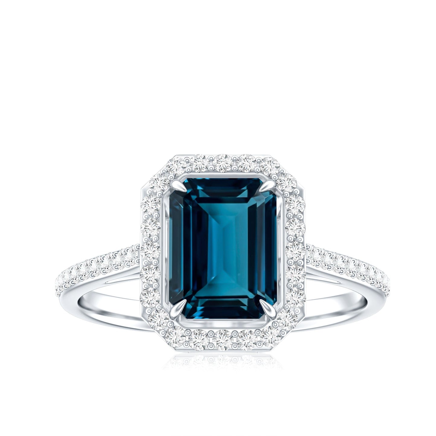 Emerald Cut London Blue Topaz Engagement Ring with Diamond Halo