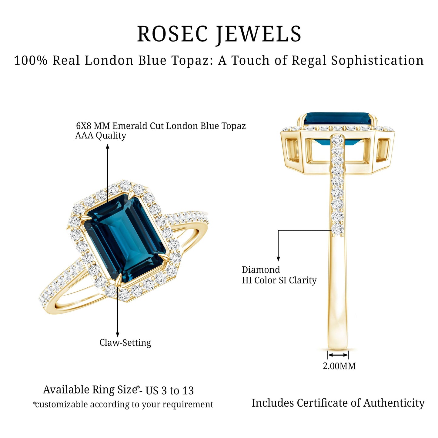Emerald Cut London Blue Topaz Engagement Ring with Diamond Halo