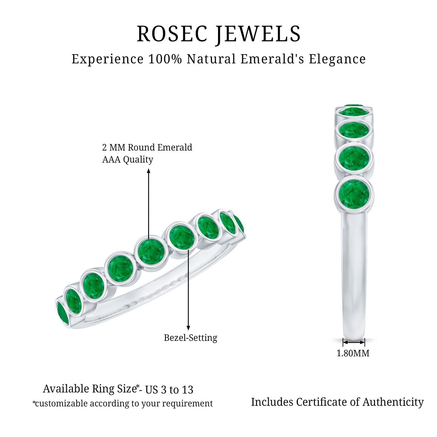 Natural Emerald Half Eternity Ring in Bezel Set